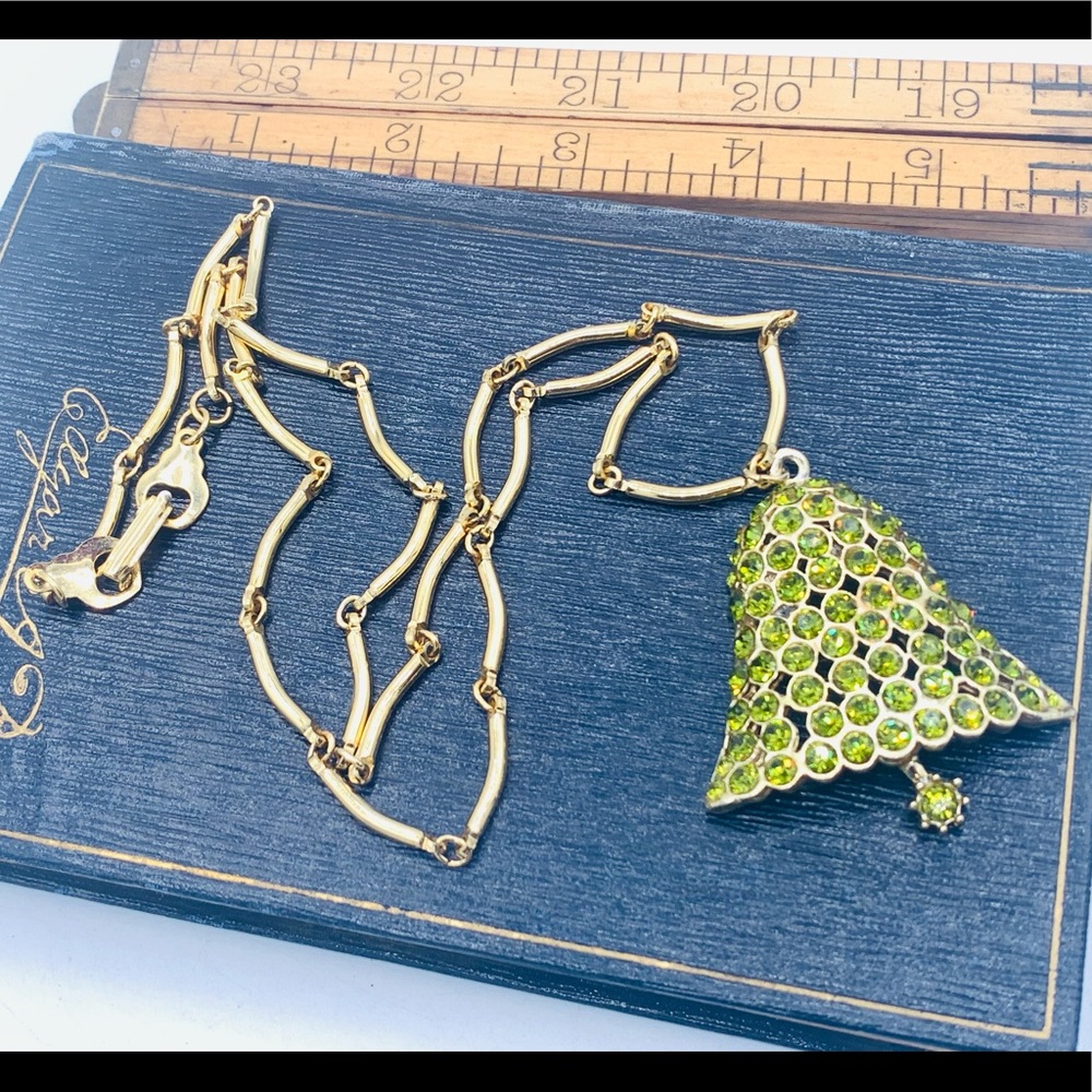 Vintage Christmas bell green rhinestone gold necklace